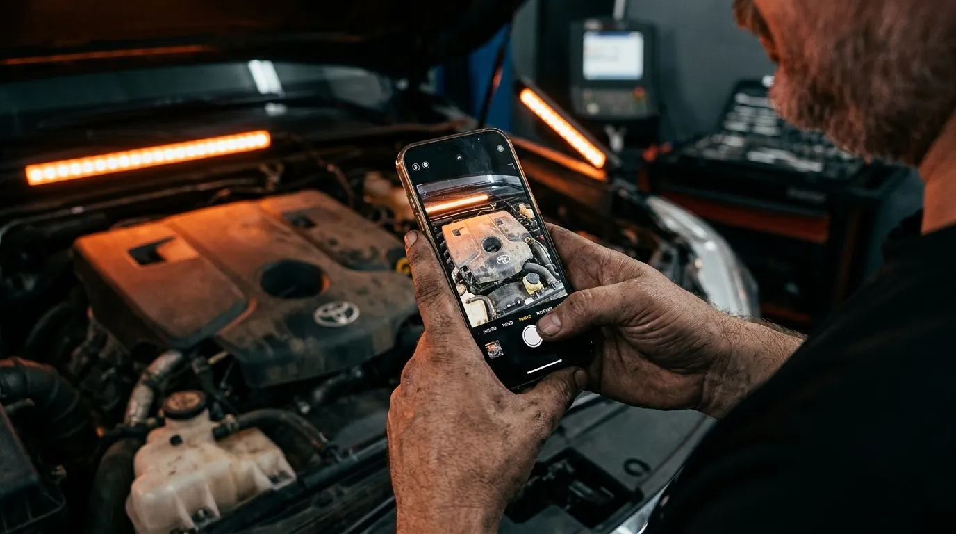 Mechanic's hands holding smartphone showing smart diagnostics of an engine
